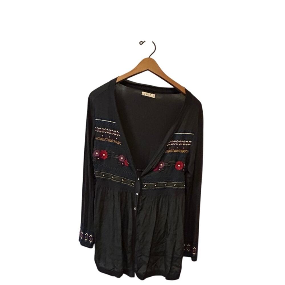 Caite embroidered button down top/cardigan lightweight V-neck bohemian floral